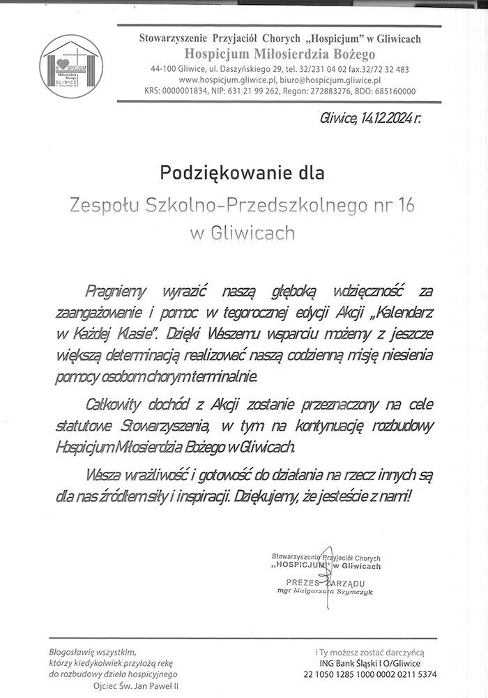 Podziękowania dla szkoły od hospicjum  w Gliwicach.