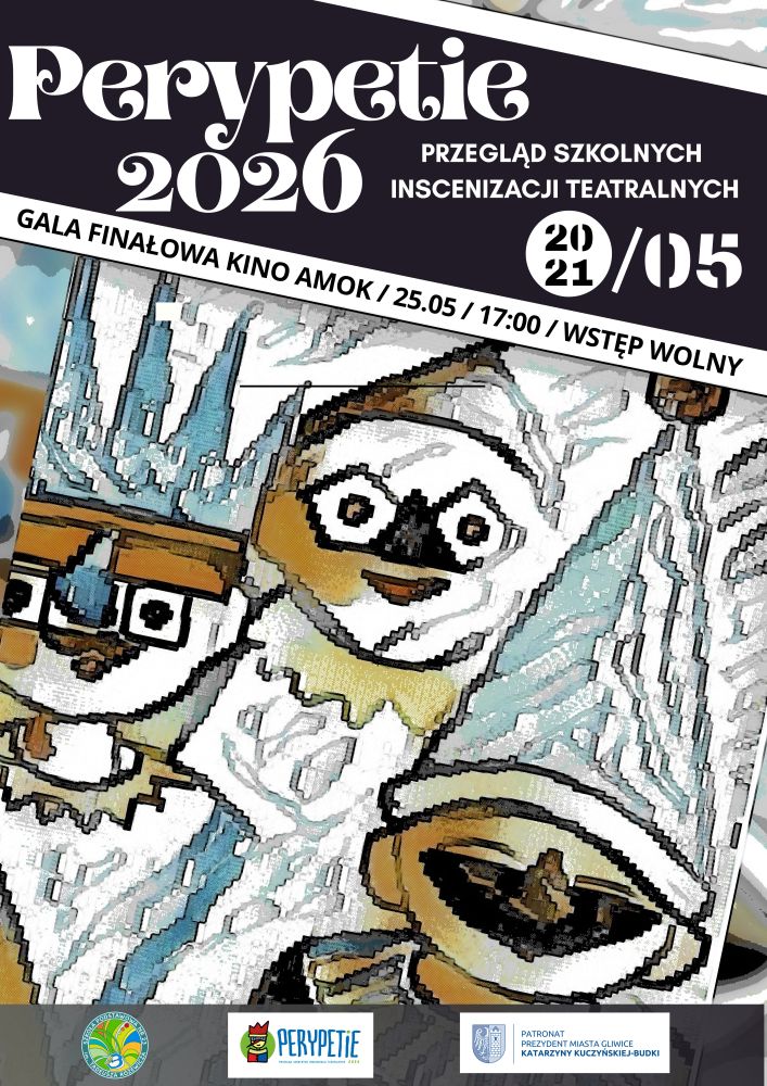 Plakat przeglądu szkolnych inscenizacji teatralnych Perypetie 2026.